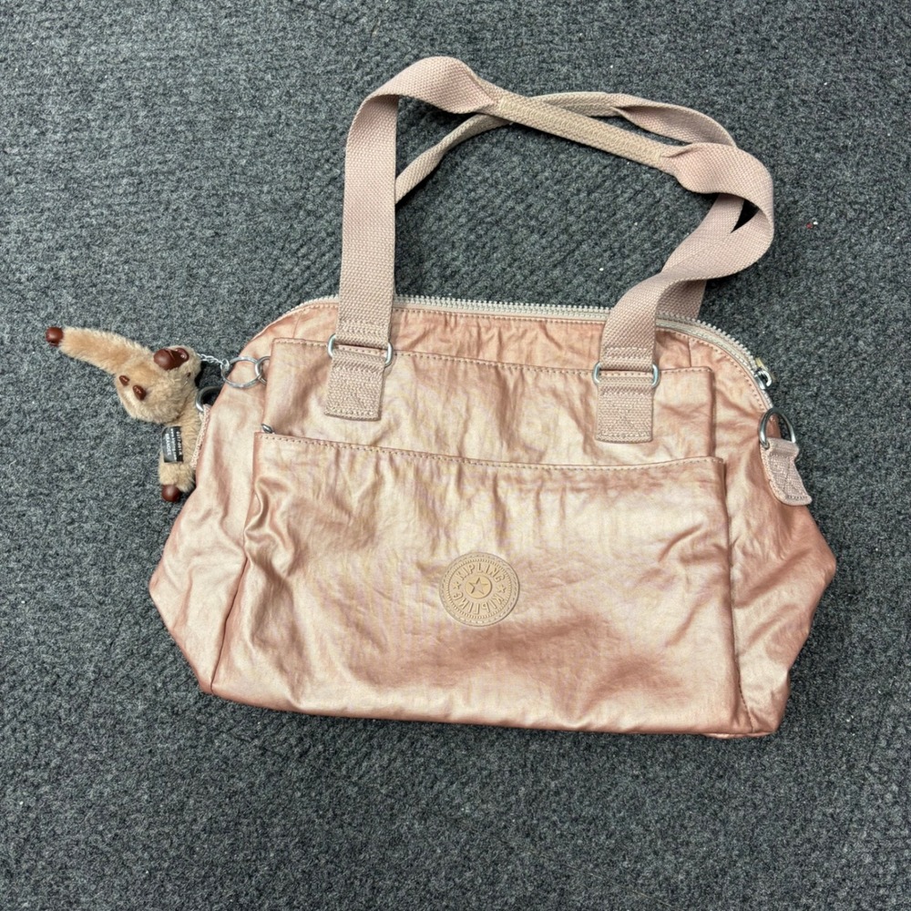 Kipling Rose Gold Metallic Nylon Shoulder Bag Brandee Monkey Keychain Tote